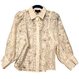Gracia Womens Floral Embroidered White Button-Up Shirt With Puff Sleeves Size M